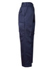 Navy cargo pants with a regular fit and a drill pant pocket on the leg, featuring a logo.