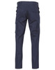 Navy cargo pants with drill pant pockets on the legs and a stout fit, featuring two rear pockets.
