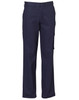 Navy cargo pants with pockets, featuring a button and zipper closure. Includes a branding logo on the waistband.