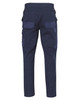 Durable navy work pants with multiple pockets and a fitted design, featuring a logo on the waistband at the back.
