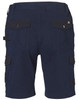 A pair of navy work shorts featuring multiple pockets and a logo on the waistband.