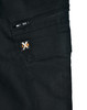Black rip-stop poly/cotton stretch work pants featuring a zip pocket and a logo on the fabric.