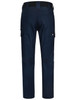 Navy stretch work pants with a fitted design, featuring multiple pockets and a logo on the back.