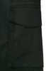 A close-up of black cotton stretch ripstop work shorts featuring a side pocket and durable fabric texture.