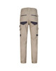 Unisex cotton stretch drill cuffed work pants in khaki with grey detailing and multiple pockets. Features a logo.