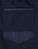 A navy blue fabric with a pocket detail, part of the unisex cotton stretch cuffed work pants.