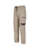Unisex cotton stretch drill cuffed work pants in beige with pockets and a drawstring waist. Features branding details.