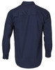 A navy long-sleeve cotton work shirt with a back yoke and buttoned cuffs. Features a logo.