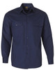 A navy blue long-sleeve shirt with dual chest pockets and a logo on the label. Suitable for workwear.