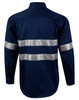A navy blue long-sleeve work shirt featuring reflective 3M tape stripes and a logo.