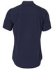 A navy blue short sleeve work shirt featuring a collar and a back yoke, with a branding logo on the label.