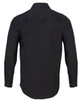 A black long-sleeved work shirt with a collar and buttoned cuffs, featuring a logo.