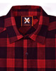 A unisex flannel plaid shirt in red and black with a button-up collar and a branded tag.