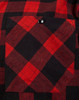 A close-up of a unisex flannel plaid shirt featuring a black and red pattern with a chest pocket.