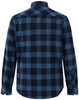 A unisex flannel plaid shirt featuring a blue and navy check pattern, displayed from the back. It has a collar and button cuffs.