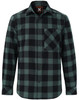A unisex flannel plaid shirt in black and green with a button-up front and a chest pocket. Features a logo.