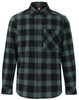 A unisex flannel plaid shirt in black and teal with a button-up front and a single chest pocket.