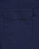 A navy long-sleeve work shirt featuring a closed front and a pocket on the back. The shirt has a branding logo.