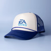 A white and navy cap with a structured front and mesh back, featuring a logo on the front.