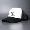 A black and white trucker cap featuring a logo on the front and a mesh back.
