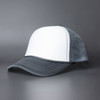 A grey and white trucker cap featuring a mesh back and a solid front panel, with an unobtrusive logo.