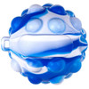 A blue and white stress ball featuring a spherical design with raised dots and a handle, complete with a logo.