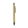 A bamboo pen with an orange stylus tip and black accents, featuring a clip for easy attachment.