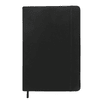 A black A5 notebook with a textured cover, featuring an elastic band and a ribbon marker.