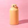 A drink bottle in a vibrant orange hue with a carry handle and a secure lid. It features a logo on the surface.