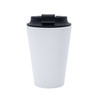 A coffee mug in white with a black lid, featuring a smooth, modern design and a branding logo.