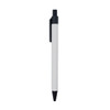 A black and white pen with a retractable tip and a clip for easy attachment. Features a simple design.