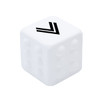 A white cube with rounded corners featuring a black logo on one face.