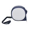A navy blue tape measure with a strap, featuring a smooth, rounded design and a branding logo.