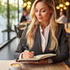A woman in a suit writes in a notebook with an Insignia Eco Pen, accompanied by a cup of coffee on a table.