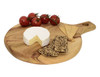 A round wooden serving board featuring cheese, crackers, and cherry tomatoes, with a handle and natural wood finish.