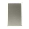A silver power bank with a sleek design, featuring a logo on one side.