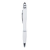 A white fidget pen with a stylus tip and chrome accents, featuring a logo on the body.
