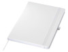 A white A5 notebook with a textured cover, an elastic band, and a ribbon marker, featuring a logo.
