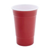 A drink cup with a red exterior and white interior, featuring a logo on its surface.