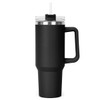 A drink bottle featuring a matte black finish, a clear lid, and a straw, with a sturdy handle for easy carrying.
