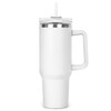 A drink bottle in white with a clear lid and straw, featuring a sturdy handle and a sleek design.