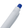 A white pen with a blue cap and a logo, designed in the shape of a sea shell.