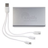 A silver power bank with an attached white cable featuring multiple connectors. It has a logo on the surface.
