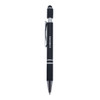 A metal pen in black with a textured grip and silver accents, featuring a logo on the barrel.