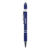 A metal pen in navy blue with a silver clip and a branding logo on the barrel. Features a stylus tip.
