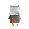 A grey 10L cooler bag with a silver insulated interior and an adjustable shoulder strap. It has a logo on the front.