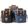 A set of three 10L cooler bags in black, grey, and blue, featuring various logos and brown straps.