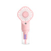 A handheld spray fan in pink with a clear water reservoir. It features a logo on the body.