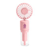 A pink neck spray fan with a circular fan head and a transparent water bottle base, featuring a logo.