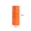 An orange foam yoga roller, cylindrical with textured surfaces, measuring 33 cm in height and 14 cm in diameter.